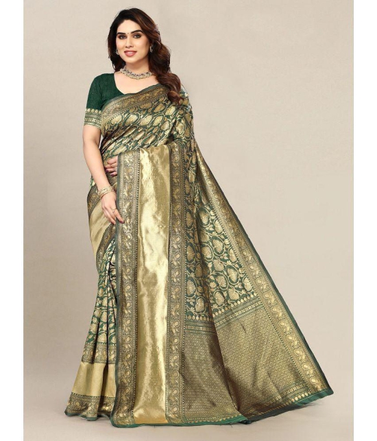 Om Shantam Sarees - Green Banarasi Silk Saree With Blouse Piece ( Pack of 1 ) - Green