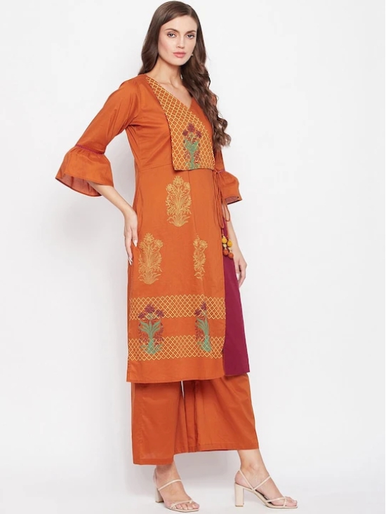 Women Rust & Maroon Floral Printed Angrakha Pure Cotton Kurta With Palazzos