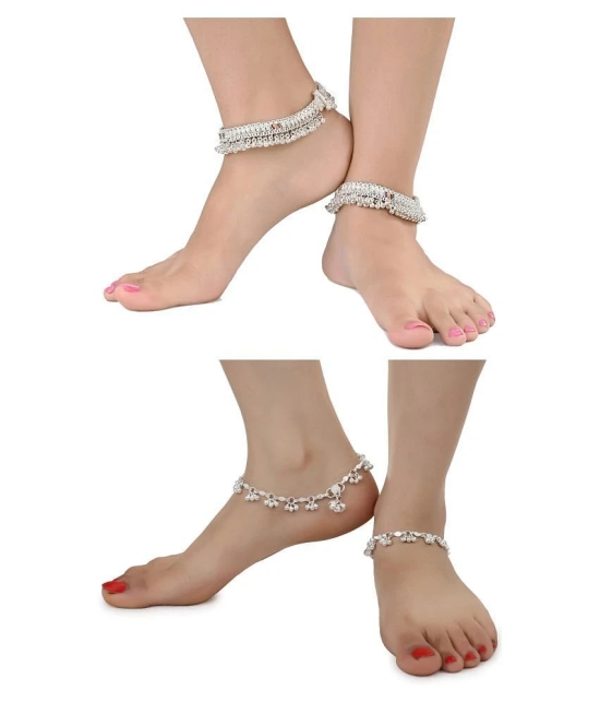 AanyaCentric Combo of 2 Pair Silver Plated White Metal Indian Traditional Ethnic Payal Anklets - Silver