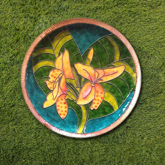 Copper Enamel Wall Plate Gardens of Vishwakarma, Greens -Canna by Ekibeki-Large