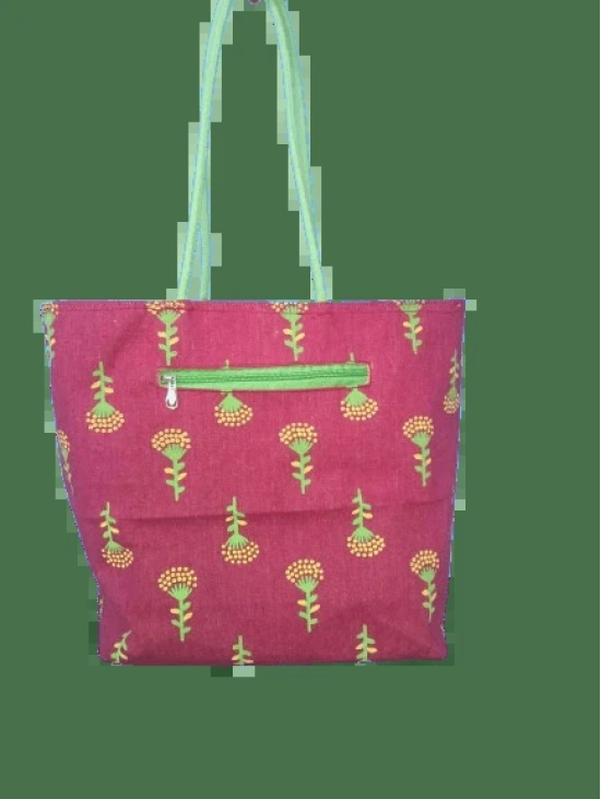  Maroon Cotton Printed Tote Bag with Zipper Closure