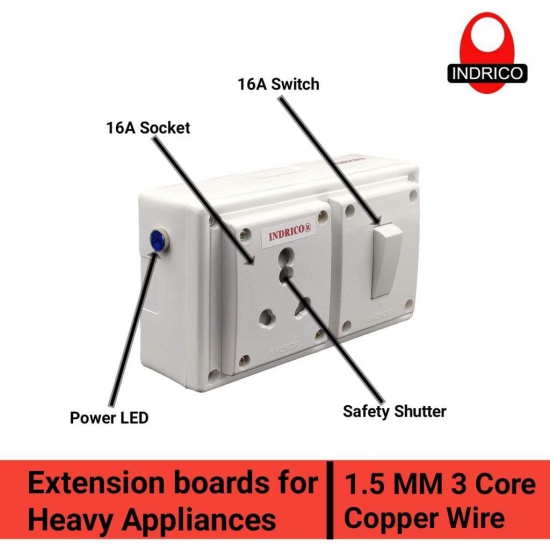 INDRICO? Extension Board with Long Wire (1.5 mm) 16Amp 1 Socket 1 Switch (Pack of 1) Polycarbonate, White