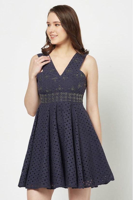 Navy Blue Schiffli Dress