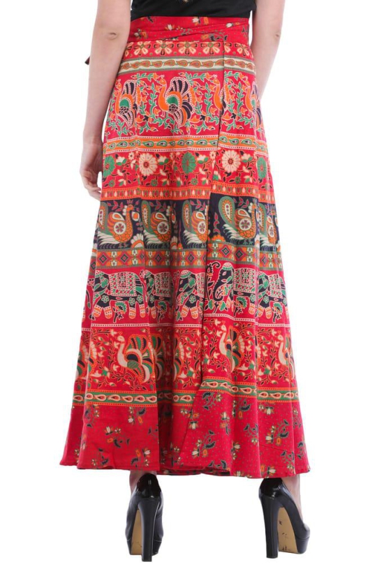 Rococco-Red Wrap-On Long Skirt from Pilkhuwa with Printed Paisleys and Elephants