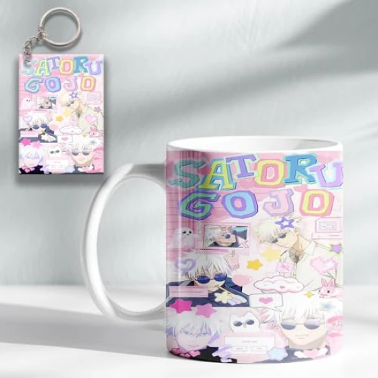 ForVano Anime Printed Mug for Gifting Jujutsu Kaisen Gojo Ceramic Cup with Keychain Combo S6