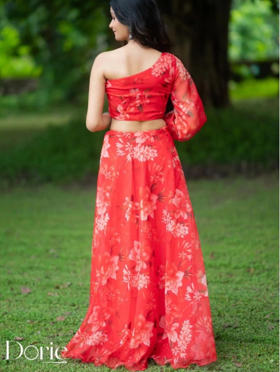 Red Organza Lehenga by Dorie