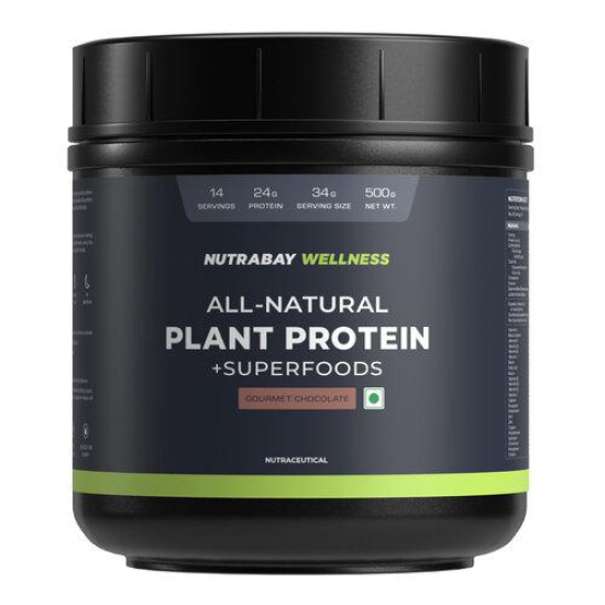 Nutrabay Wellness All Natural Plant Protein - 500g, Gourmet Chocolate | Complete Amino Acid | Pea & Brown Rice Protein | 24g Protein | Easy to Digest | Sweetened with Stevia | For Men & Women