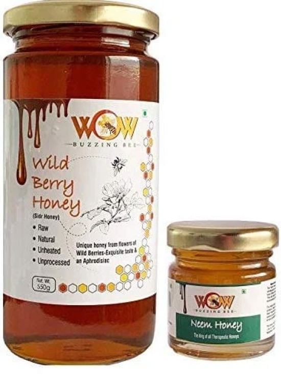 WOW BUZZING BEE Raw Honey - Wild Berry & Neem, Pack of 2 (1 - 550 GR and 1 - 55 GR)