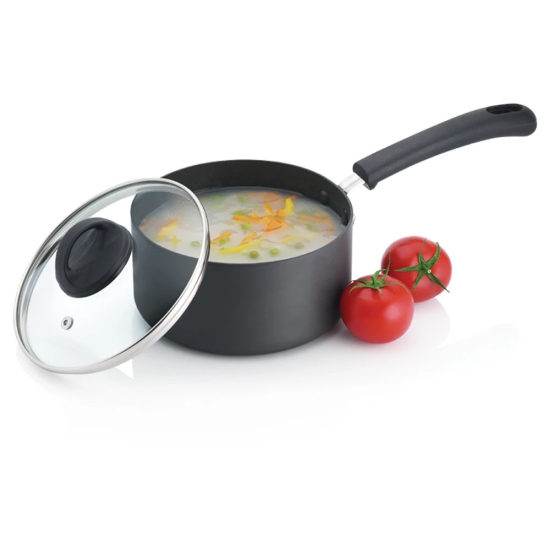 Premier Trendy Black Hard Anodised Sauce Pan with Glass Lid - 18 cm