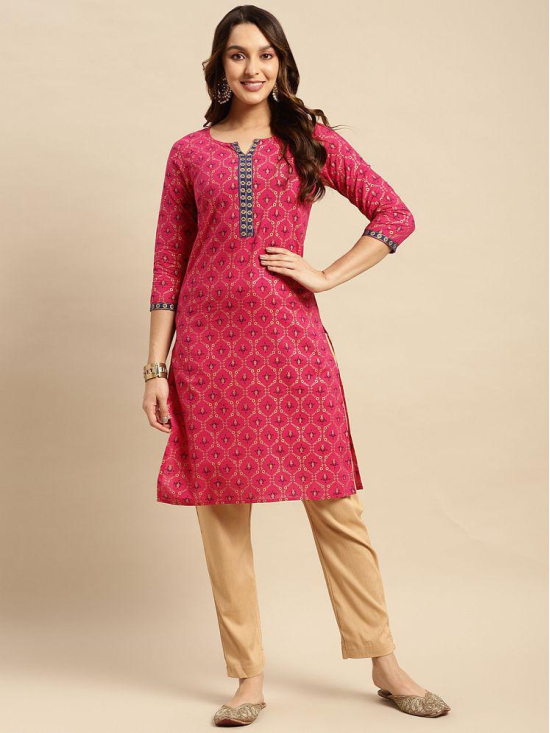 Rangita Women 100% Cotton Pink Contrast Placket Gold Printed Knee Length Straight Kurti - None