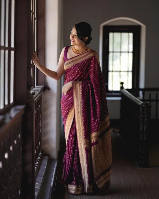 Wine Pure Banarasi Silk Weaved With Copper Zari Comes With Heavy Banarasi Brocade Blouse