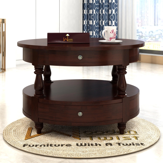 Wooden Twist 2 Drawer Round Teak Wood Coffee Table ( Brown )-Brown