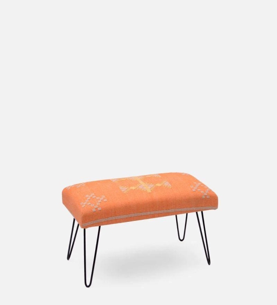 Mango Wood Bench In Cotton Orange Colour With Metal Legs-Orange