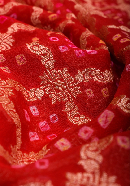 Red Authentic Hand Bandhej Banarasi Silk Georgette Saree with Jaal zari | SILK MARK CERTIFIED