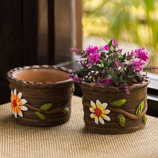 Mud Blossom Pair Handmade & Handpainted Terracotta Planter Pots (4 Inch, Set of 2)