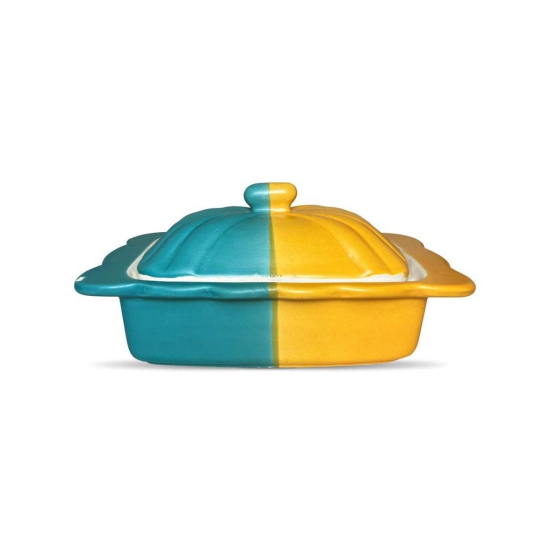 Ceramic Dining Matte Yellow & Green Ceramic Butter Dish Holder 8.5 Inches || Butter Serving Set