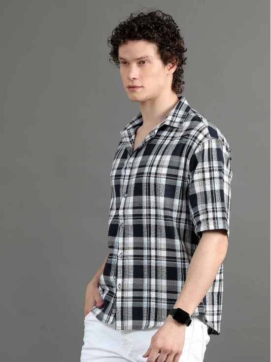 Premium Men Oversized Shirt, Yarn Dyed Stripes, Textured Fabric, Half Sleeve, Cotton, Blue-L / Blue Checks
