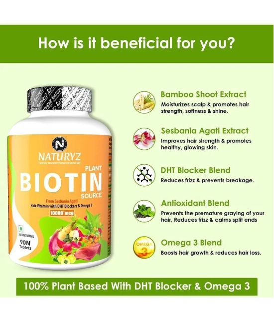 NATURYZ 100% Plant Based Biotin with DTH Omega 3 for Strong Hairs, Nails, Glowing Skin - 90 Tablets