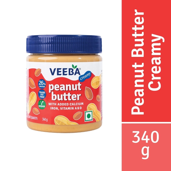 Veeba Peanut Butter Creamy, Smooth, High Protein, Naturally Gluten Free, Vegan, Trans Fat Free, No Added Preservatives, Non Gmo, 340 G