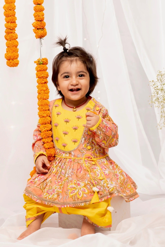 Baby Girl Peach Printed Floral Angrakha Set 3M