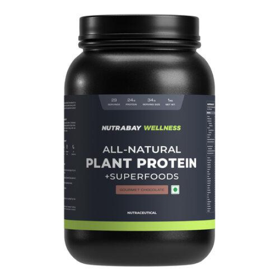 Nutrabay Wellness All Natural Plant Protein - 1kg, Gourmet Chocolate | Complete Amino Acid | Pea & Brown Rice Protein | 24g Protein | Easy to Digest | Sweetened with Stevia | For Men & Women