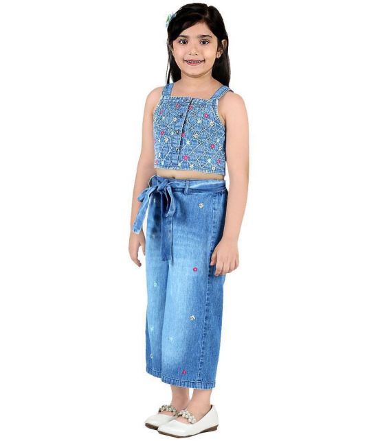 Naughty Ninos Girls Blue Floral Emboidered Top with Palazzo - None