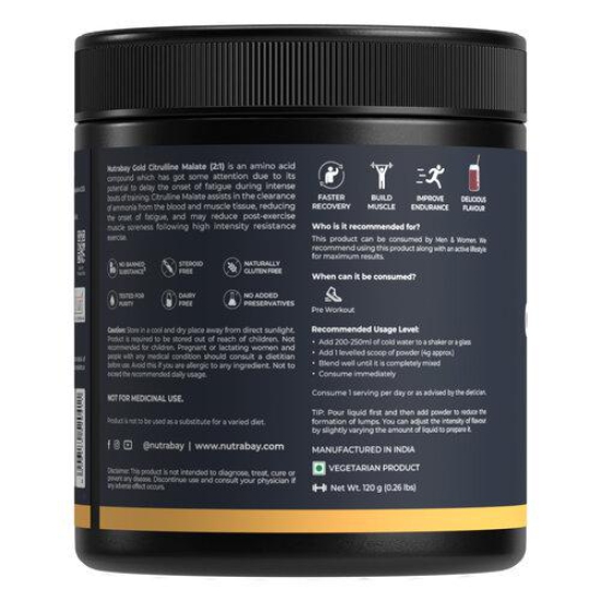 Nutrabay Gold Citrulline Malate 2:1 Supplement Powder - 120g, Cola Flavor | Boosts Nitric Oxide, Pre Workout Amino Acid for Muscle Strength & Endurance