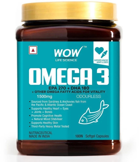 WOW Life Science Omega-3 1500mg Capsules with Fish oil - EPA 270 + DHA 180 Enriched - 180 Capsule