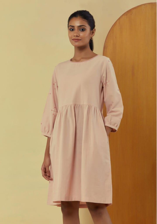 Liana Mud Pink Knee Length Dress With Hand Embroidery