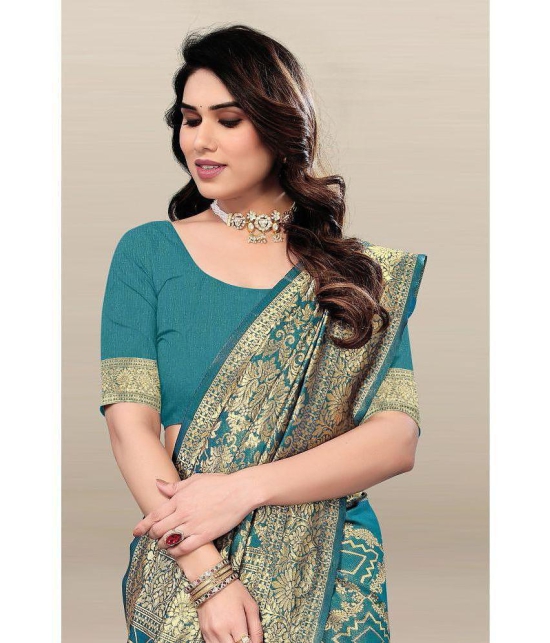 Om Shantam Sarees Banarasi Silk Embellished Saree With Blouse Piece - Turquoise ( Pack of 1 ) - Turquoise