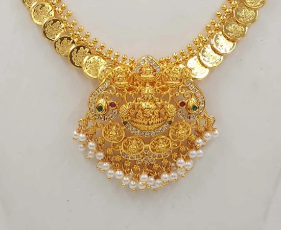 Indian Traditional Gold Plated Lakshmi Kasu Haram Necklace Set with Earrings for Women