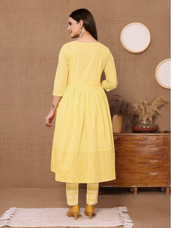 Rangita Women Cotton Yellow Sequined Calf Length Anarkali Kurti With Pants - None