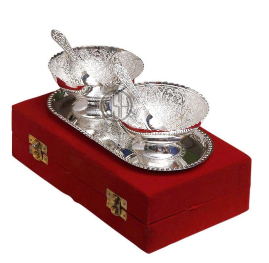 Silver Plated Bowl Sets with Tray and Spoon Used for Dry Fruit, Sweets and Home Decor with Velvet Box Birthday, Anniversary, Diwali, Return Gift Items