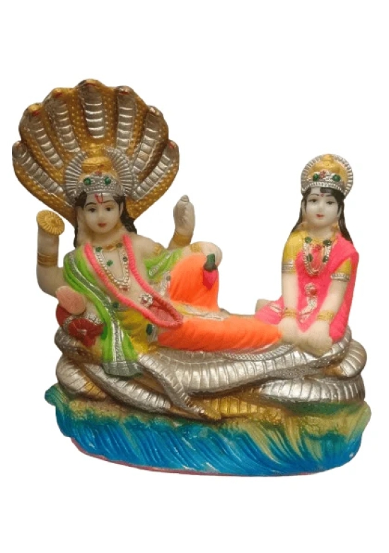 Blissful Polymer Unbreakable Action Lord Vishnu Laxmi Idol Handicraft Statue With Sheshnaag