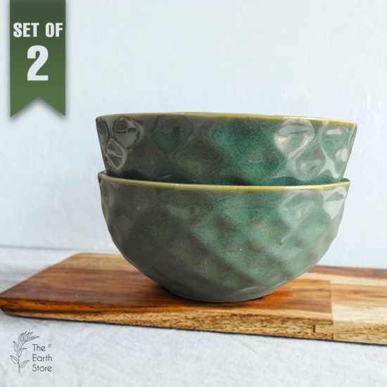 The Earth Store Studio Pottery Green Ceramic Snack Bowls Set of 2 for Serving Pasta, Noodle, Maggi, Cereal Microwave Safe Salad Bowl, Mixing Bowl for Snacks