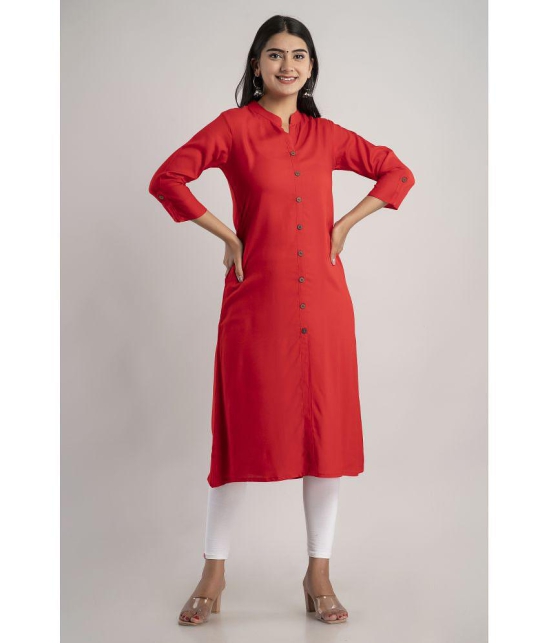 MAUKA - Red Rayon Women''s Front Slit Kurti ( Pack of 1 ) - None