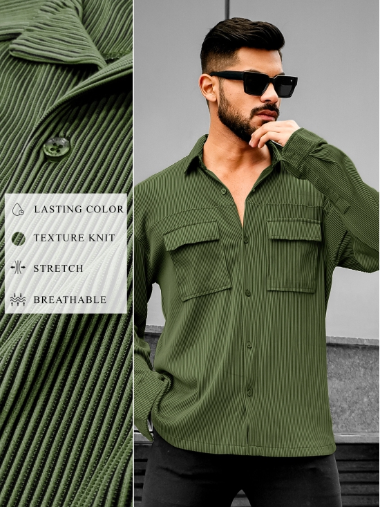 Stripe Textured Olive Full Sleeve Shirt-XL / Olive