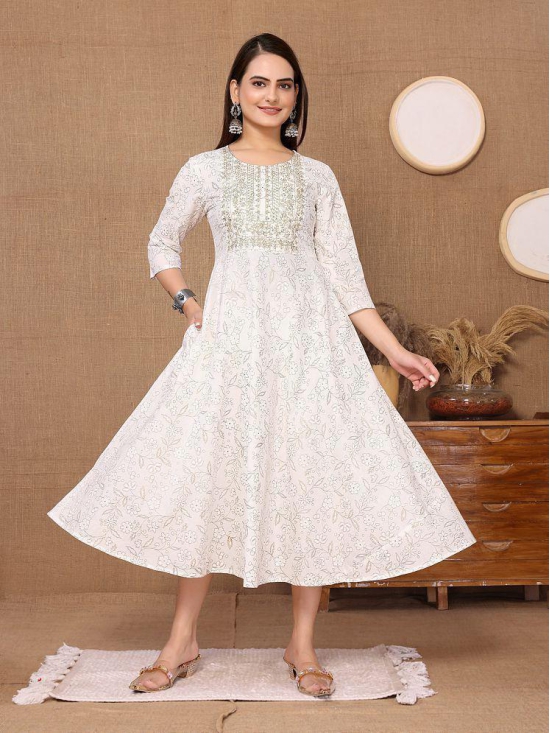 Rangita Women Cotton Off White Embroidered Calf Length Anarkali Kurti - None