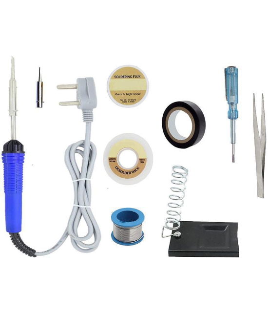 ALDECO: ( 9 in 1 ) 25 Watt Soldering Iron Kit With - Blue Iron, Wire, Flux, Wick, Stand, Tweezer, Tester, Tape, Bit