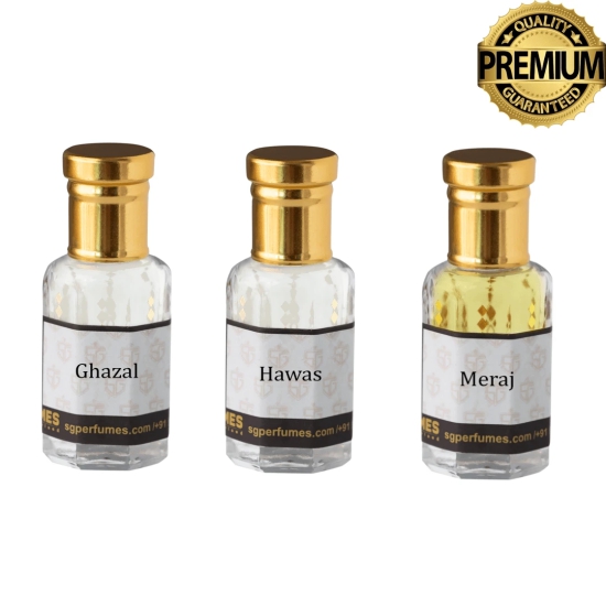 3 pcs Arabic Attar Set Ghazal, Hawas, Meraj 12ml Each-12ml