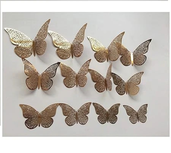 KATHIYAWADI 3D Home Decor Butterfly with Sticking Pad (Shimmer Golden, Set of 12)