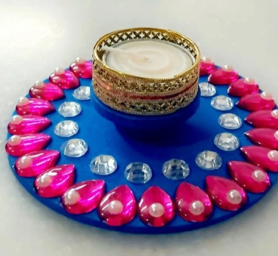 Elegant Blue and Pink Beaded Floating Candle Holder