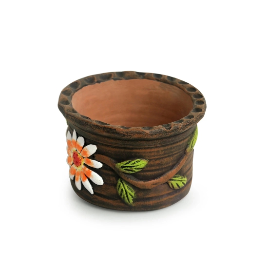 Mud Blossom Pair Handmade & Handpainted Terracotta Planter Pots (4 Inch, Set of 2)