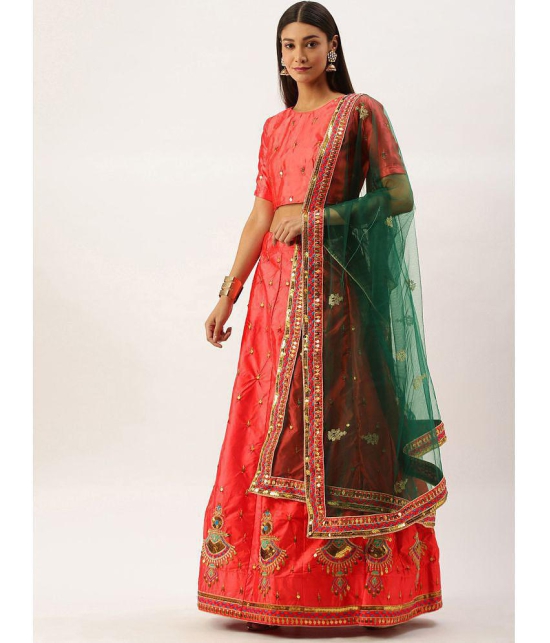 Om Shantam Sarees Red,Green Silk Blends Chaniya Choli Semi Stitched Lehenga Single - Free Size