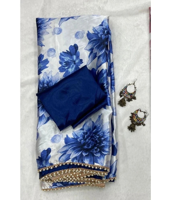 Apnisha Satin Printed Saree With Blouse Piece - Navy Blue ( Pack of 1 ) - Navy Blue