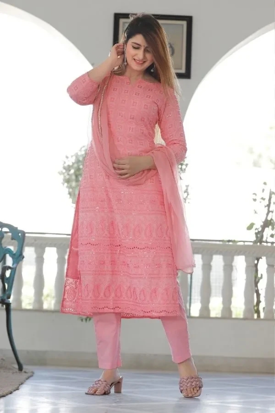 Rose Pink Chikankari Cotton Pant Set Pink XS