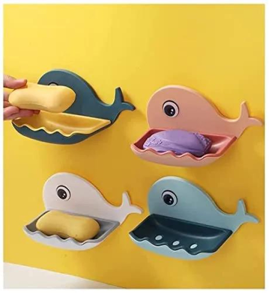 Fish Shape Soap Stand Holder for Bathroom Kitchen Double Layers Plastic Waterproof Wall Mounted Soap Bar Dish Holder Rack for Shower Wall, Kitchen, Bathroom (Pack of 4)