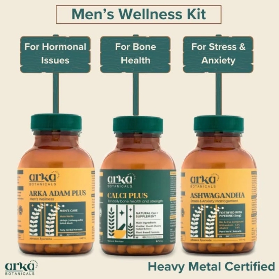 Arka Botanicals Mens Wellness Kit | Ashwagandha for Stress Support, Calci Plus for Bone Strength & Adam Plus for Hormonal Balance | Comprehensive Health Supplement Combo Pack for Men