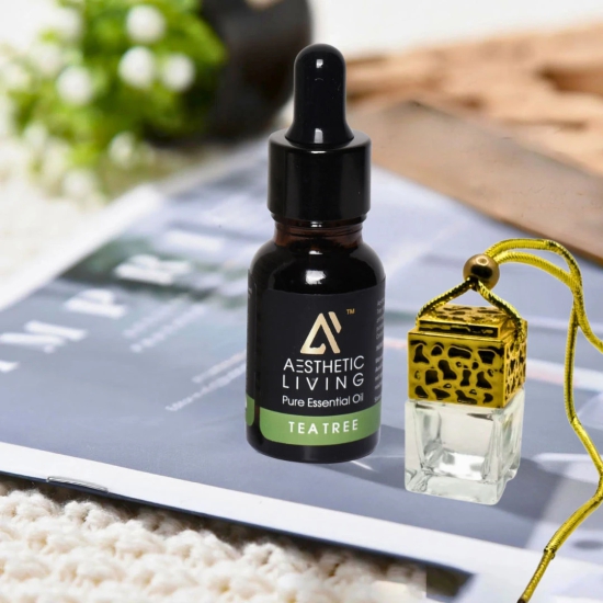 Aesthetic Living Car Aromatizer/ Diffuser Bottle with Essential Oil (Square Gold/Silver Shape-10 ml+ Tea Tree Essential Oil, 15 ml)