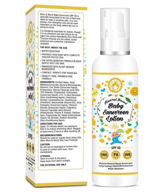 Mom & World Mineral Based Baby Sunscreen Lotion, SPF 50 PA+++, 120ml - UVA/UVB Protection, Water Resistance